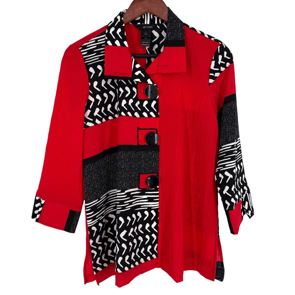 NEW NWOT Ali Miles S Red Black Wearable Art Artsy Abstract Blouse Shirt Top